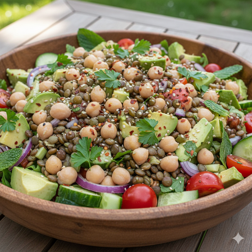 Ensalada Poderosa de Lentejas, Garbanzos y Aguacate (Opción Vegana)