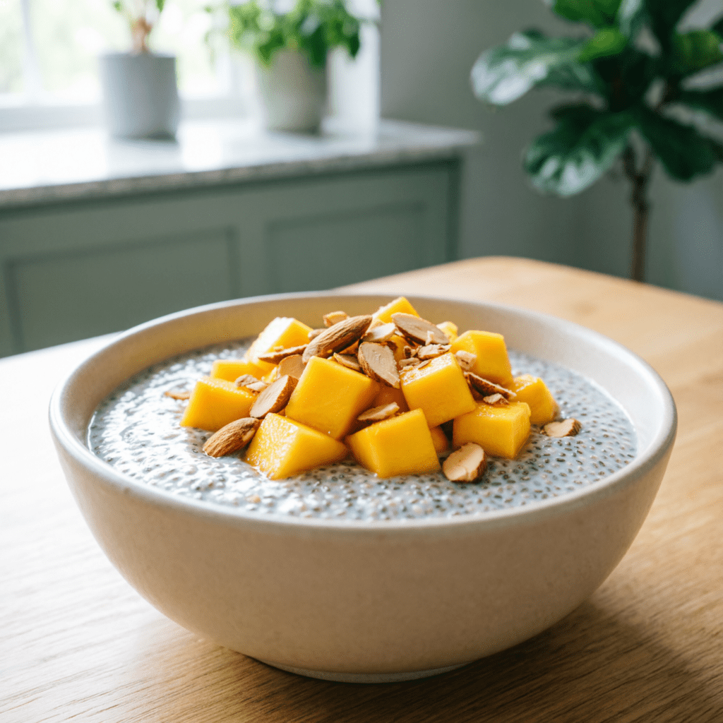 Pudín de Chía con Mango y Almendras (Opción Vegana)
