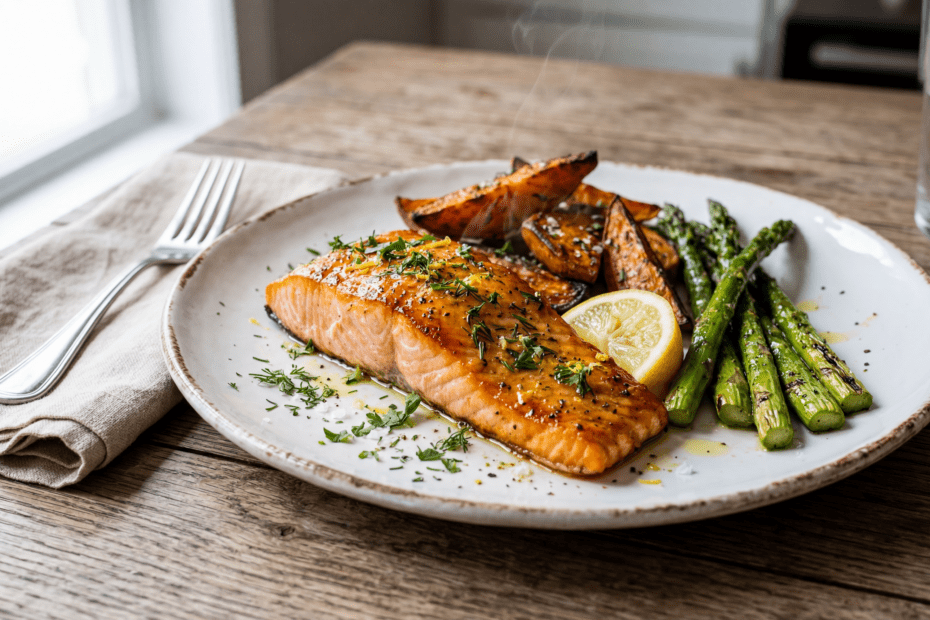 Salmón al Horno con Boniato (Camote) y Espárragos